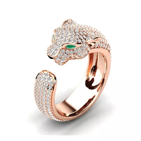 Jewelry - Rose Gold Plated Leopard Head Diamond Ring Open Adjustable Ring Fashion Jewelry